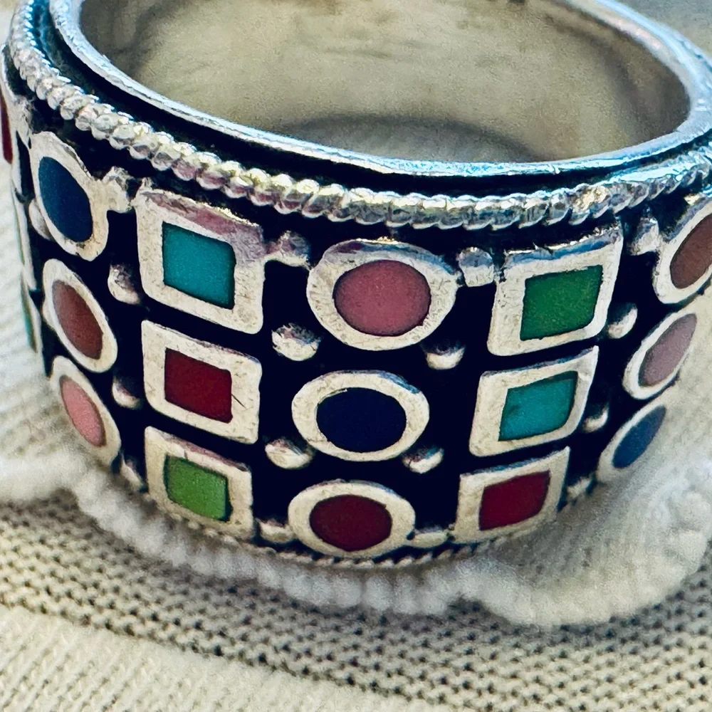 Vintage Enameled MultiColor Sterling Silver Wide Band Ring 925 Sz 6 Tribal Inlay